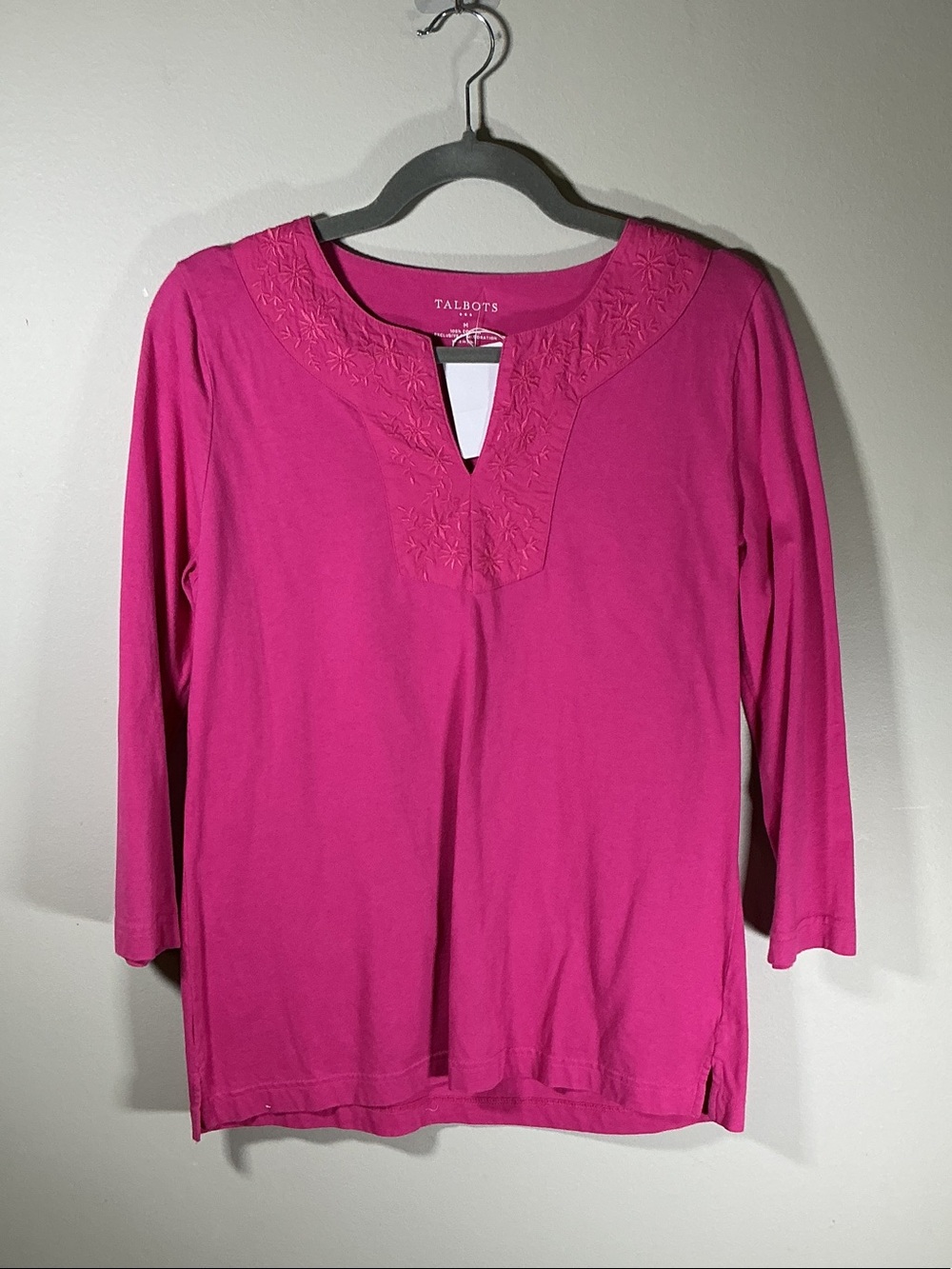 Talbots Pink Embroidered 3/4 Sleeve Cotton Top Medium